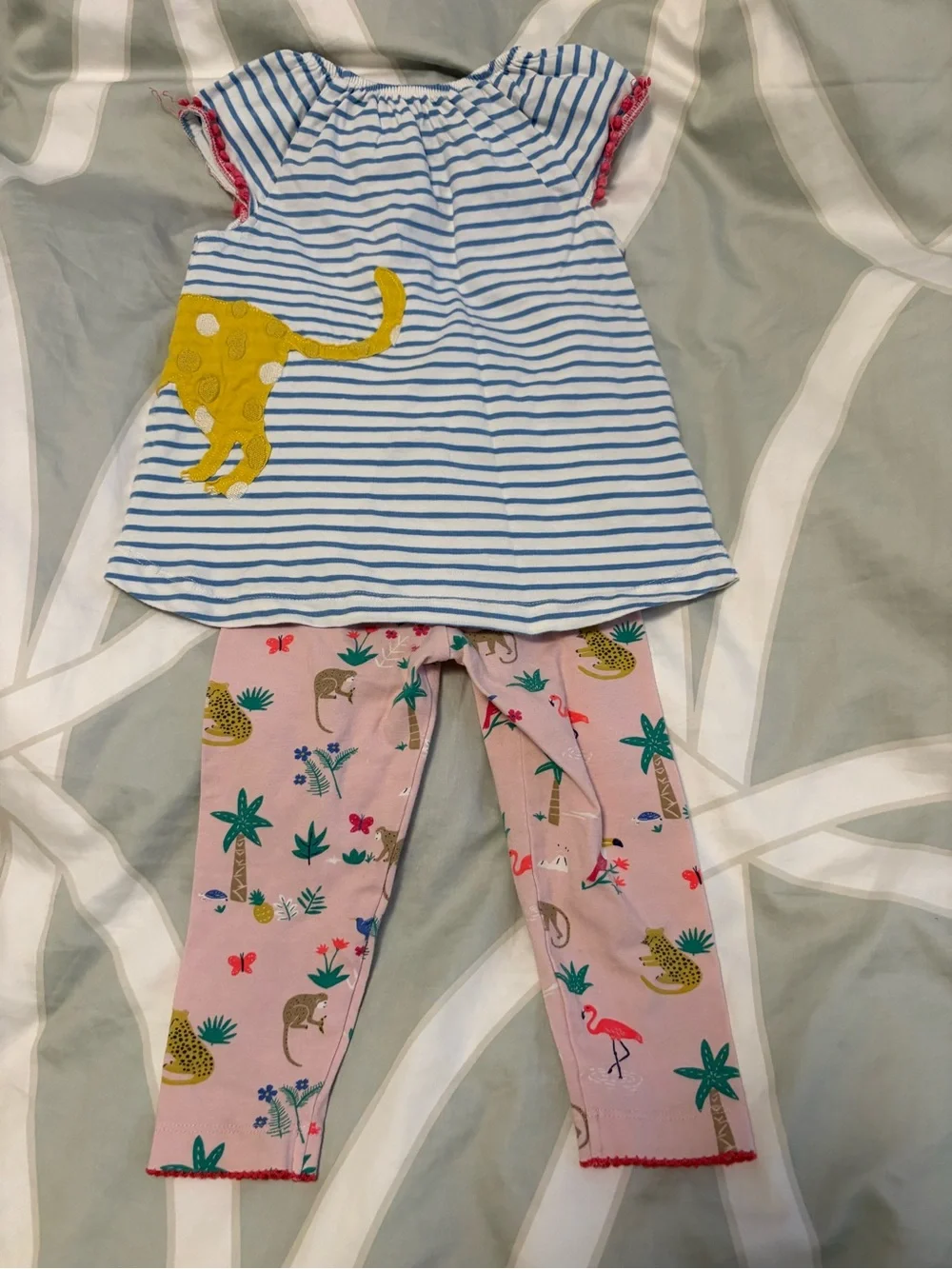 Baby Boden Blue & Pink Striped Top with Pink Tropical Animal Leggings